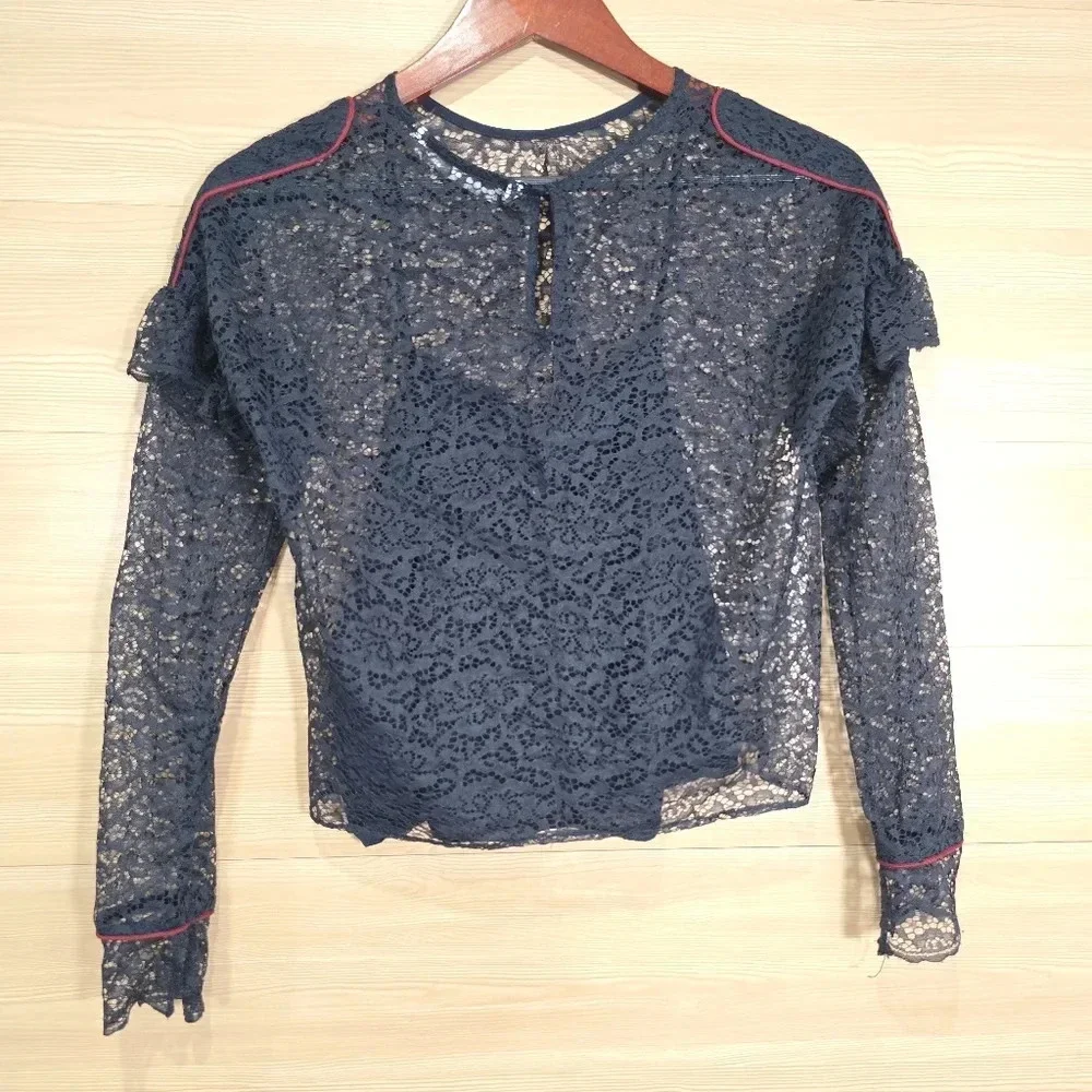 Zara Navy Blue Lace w/ Red Piping Long Ruffle Sleeve Blouse Crop Top‎ W/ Cami S